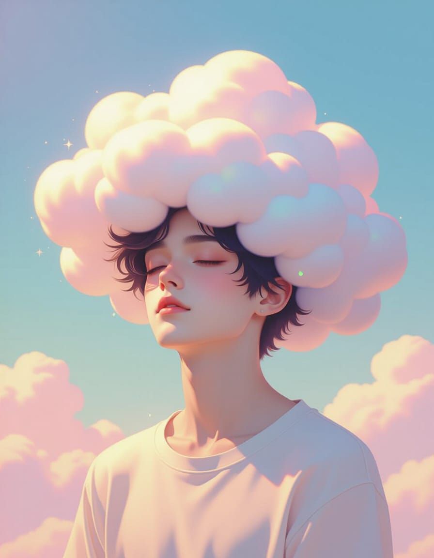 Ethereal Cloud Hat Portrait in Dreamy Painterly Style