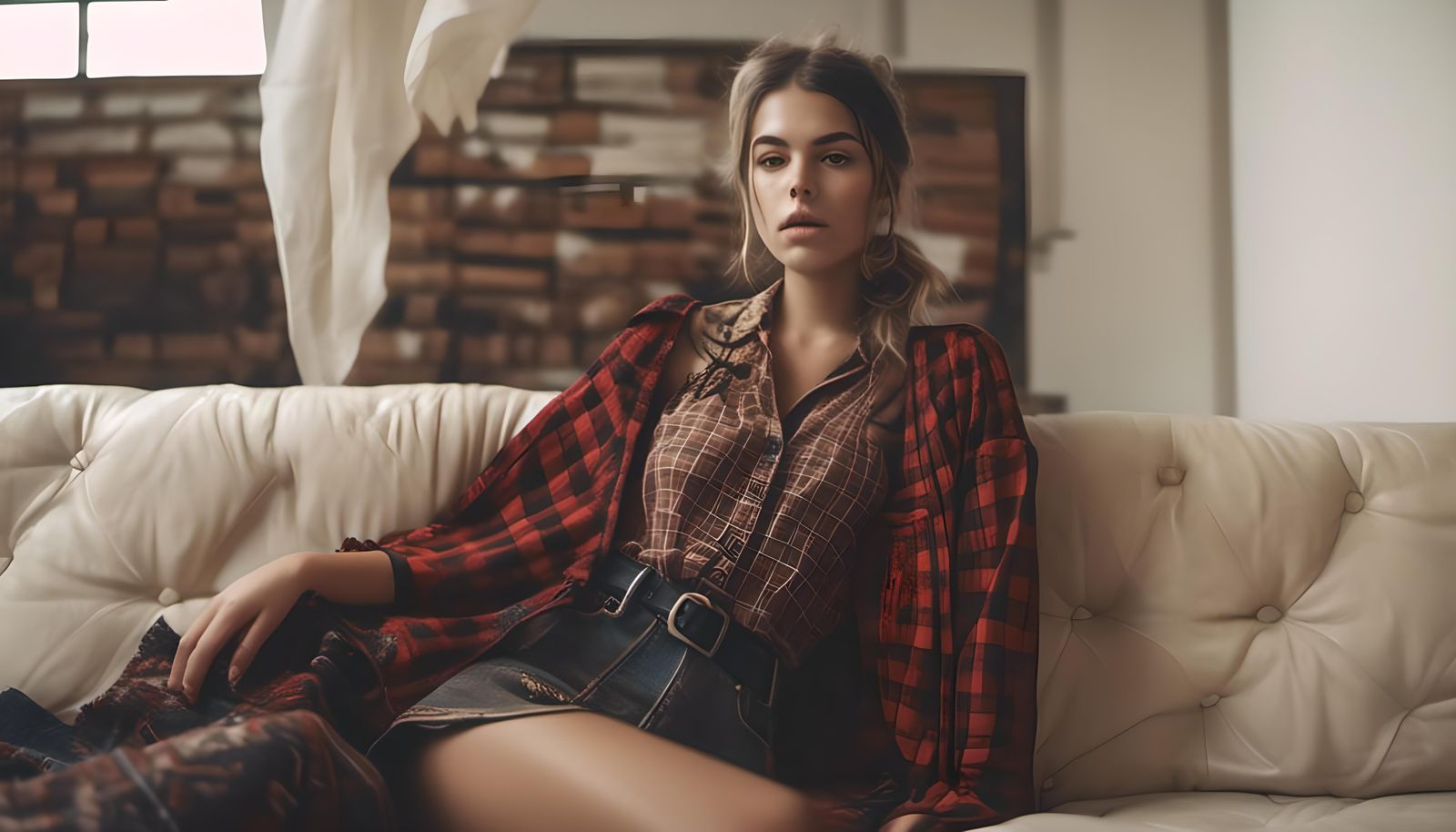 Woman in Flannel on Leather Sofa: Hyperrealistic Image