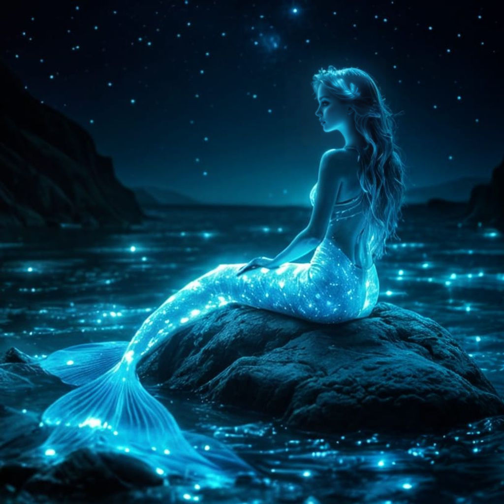 Ethereal Mermaid Radiates Luminous Glow in Moonlit Waters