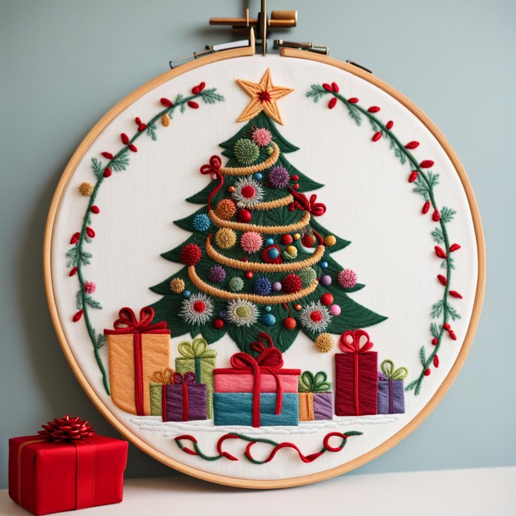 Embroidered Christmas Tree with Presents in Festive Style