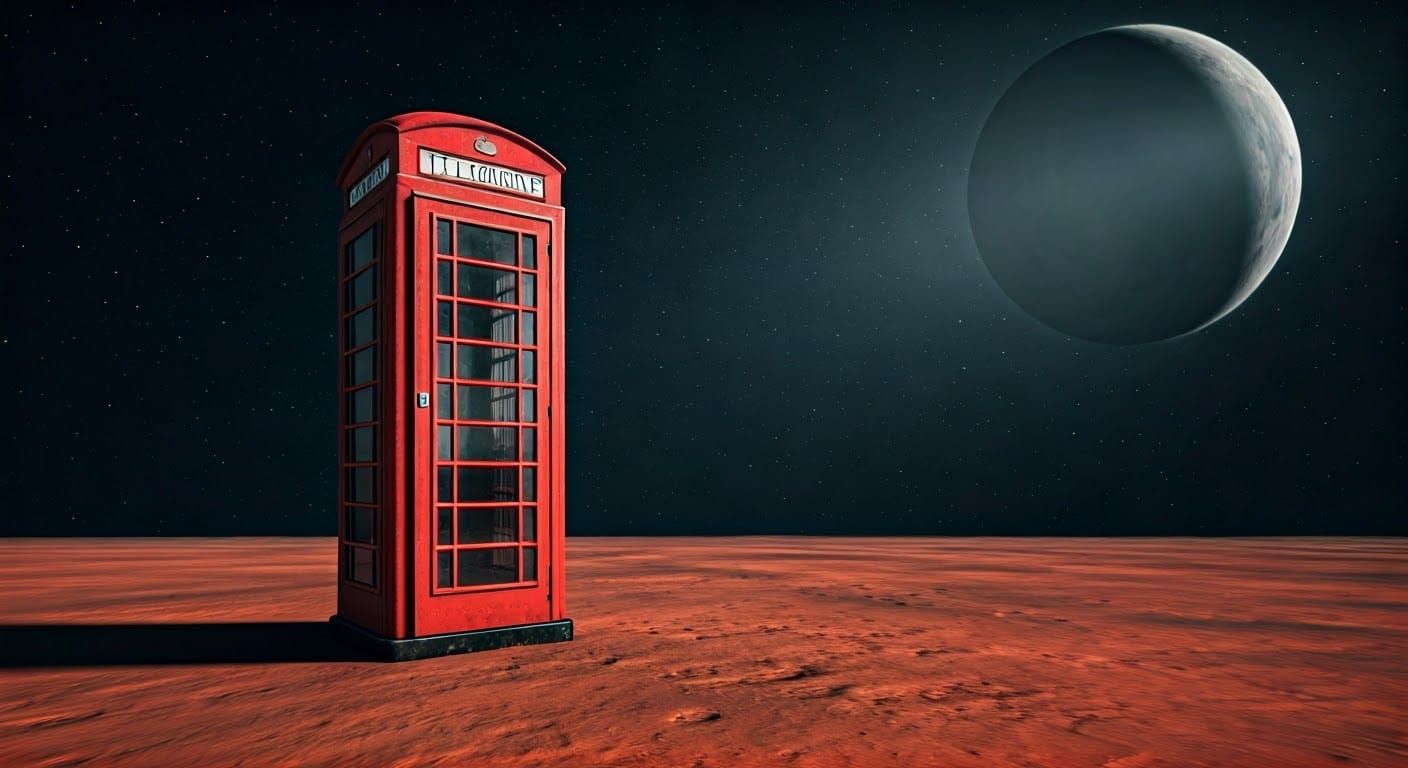 Isolated British Telephone Box on Rusty Mars Landscape
