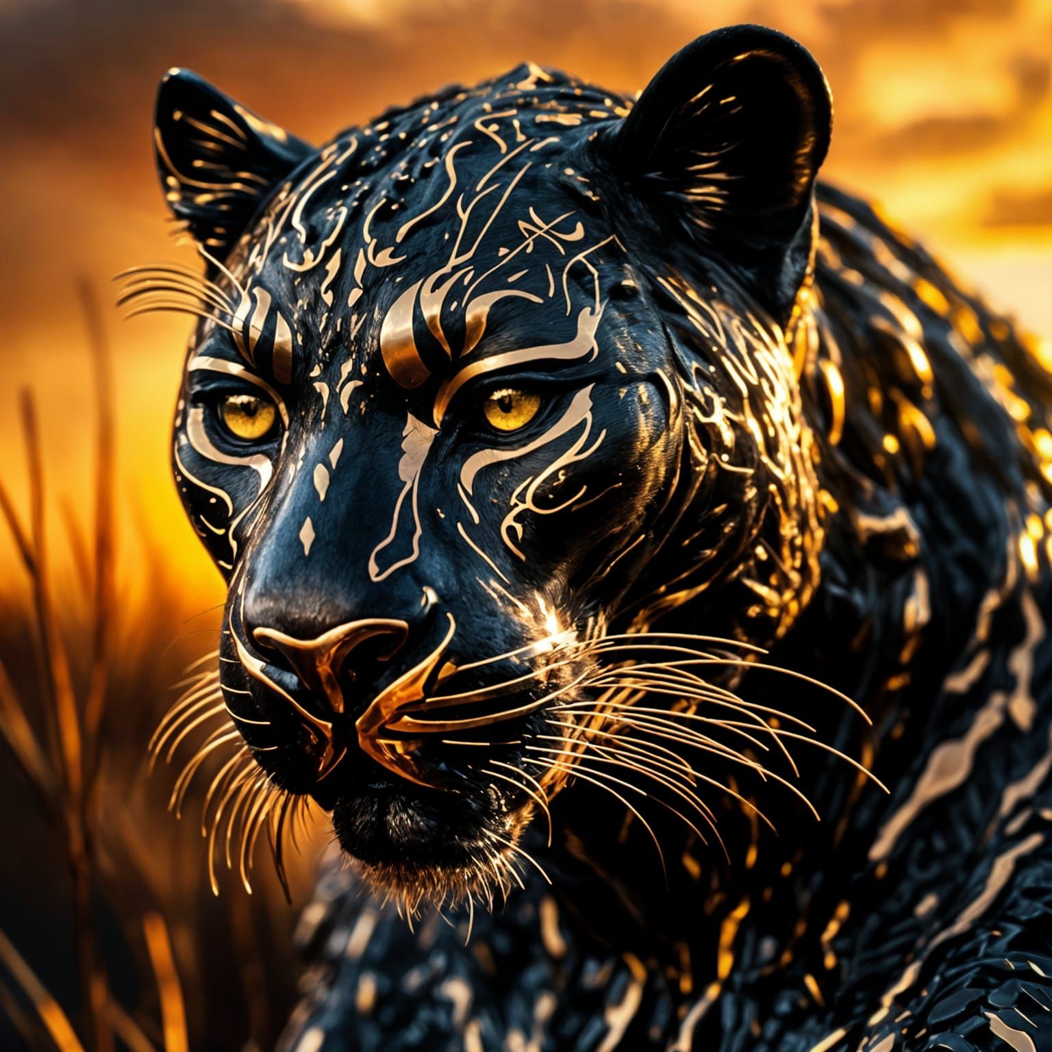 Metallic Black Panther in Golden Sunset, Hyperrealistic Deta...