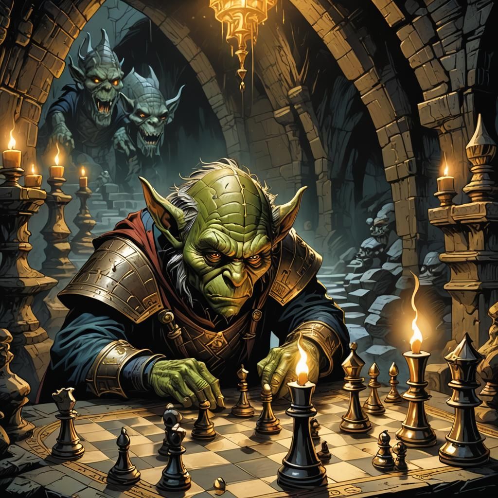 Goblin Chess Match in Comic Book Style