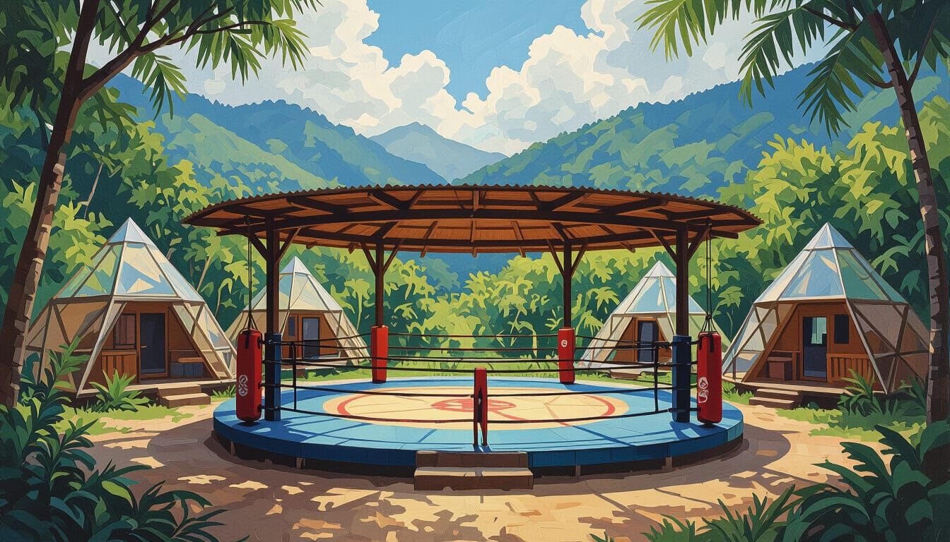 Muay Thai Gym in Costa Rican Mountains: Gouache Painting