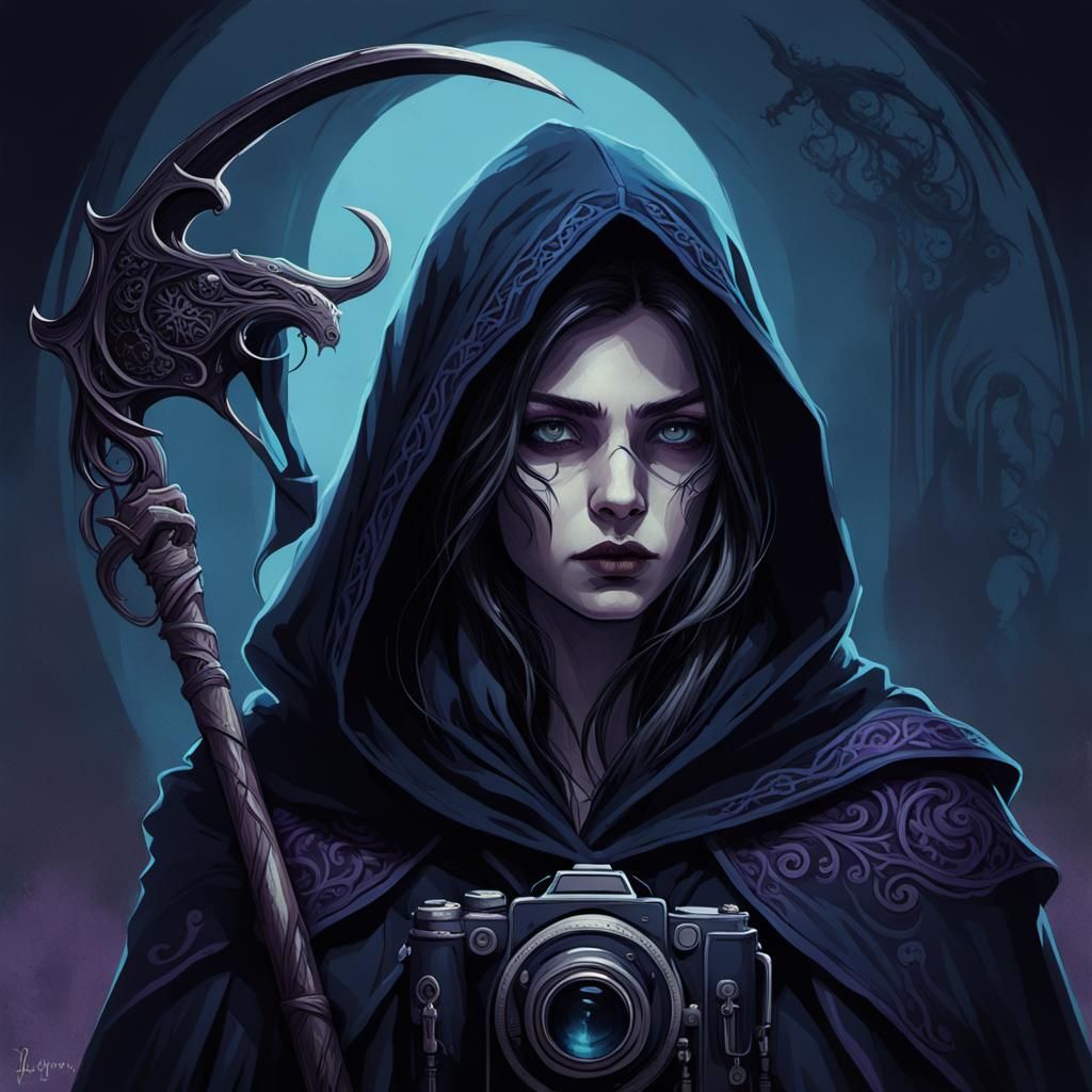 La Parca: Dark Fantasy Portrait with Scythe and Camera
