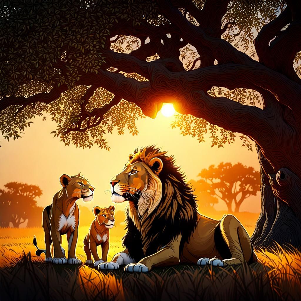 Lion Family at Golden Hour: Savanna Scene