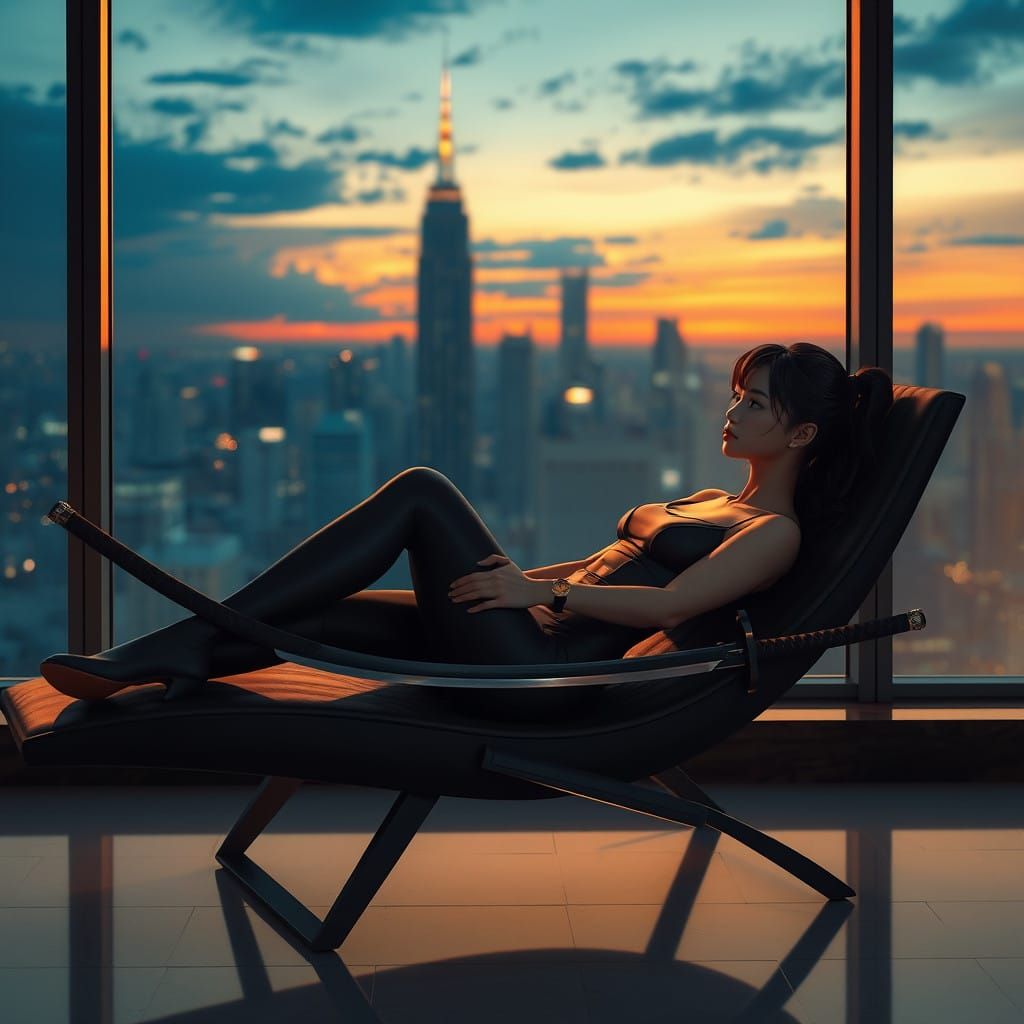 Sleek Assassin Reclines in Elegant Cityscape as Anime-Inspir...