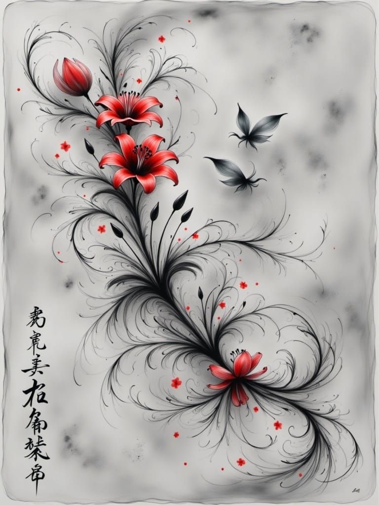 Red Spider Lilies Entwined with Centipede Tattoo Design in A...