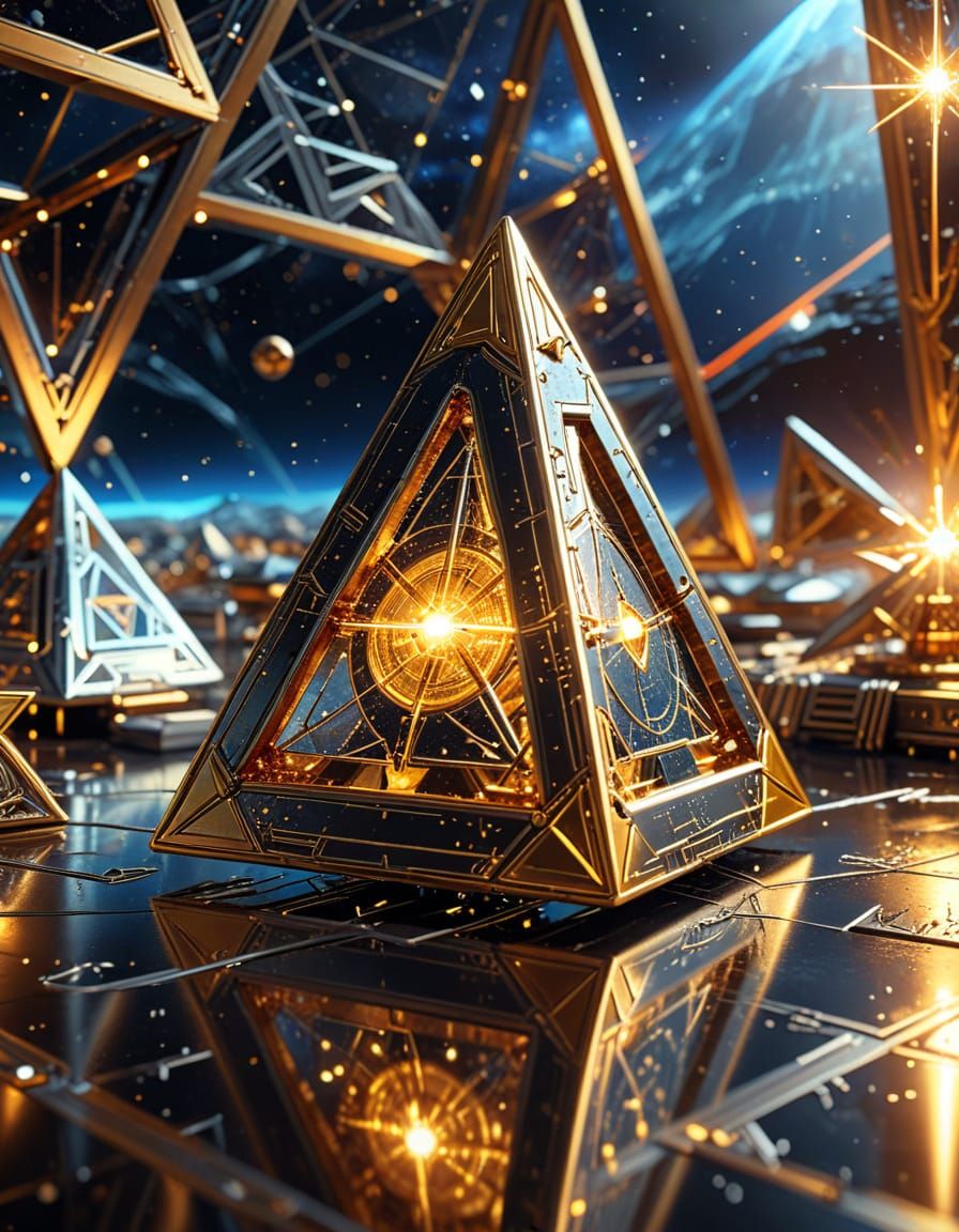 Gold Tetrahedron with Silver Stargate in Sci-Fi Style