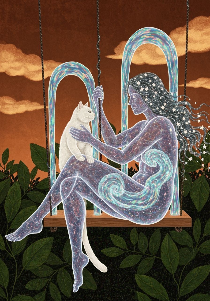 Ethereal Woman with Cat in Plasma Portals