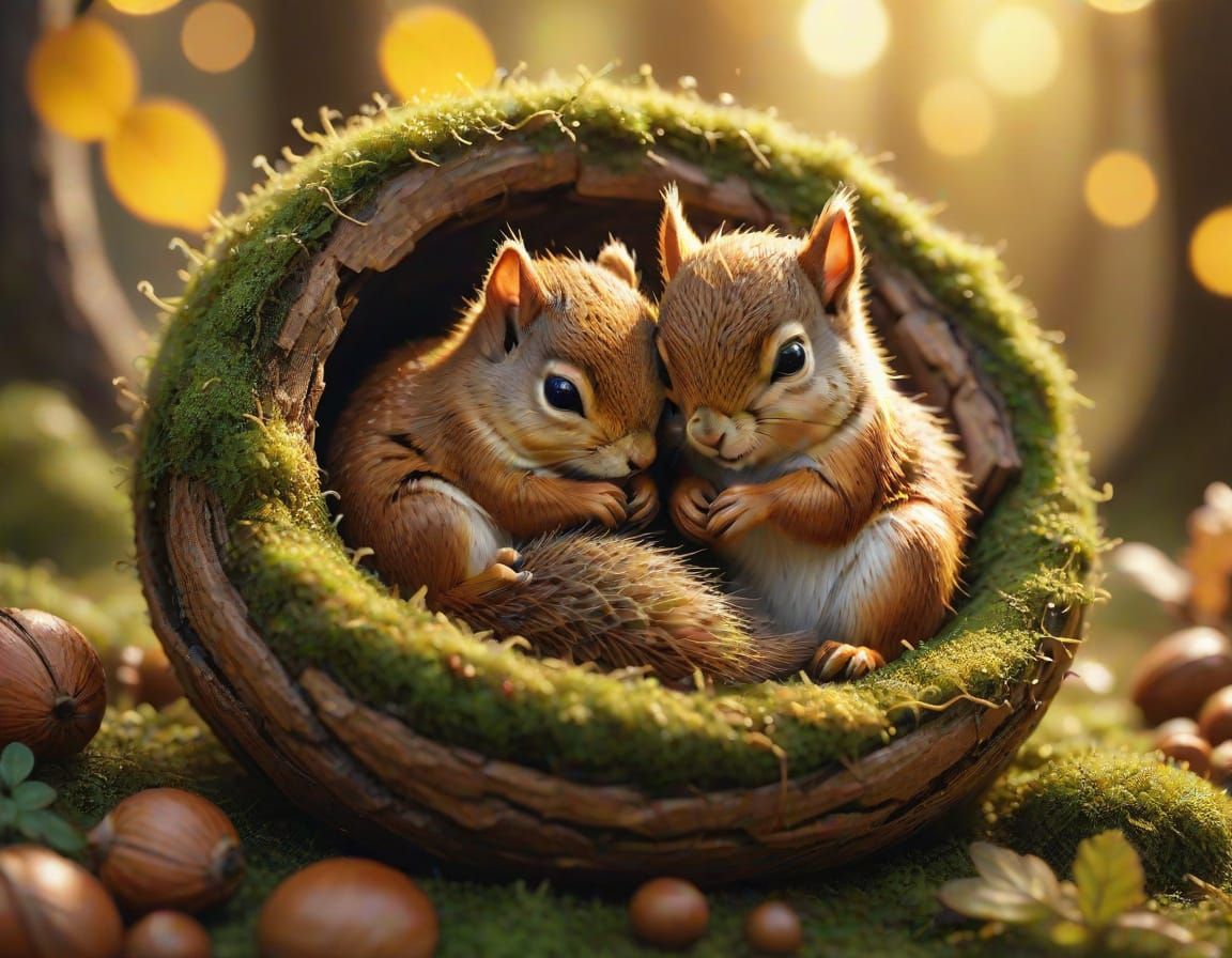 Whimsical Fairy-tale Scene of Baby Squirrel and Girl in Waln...