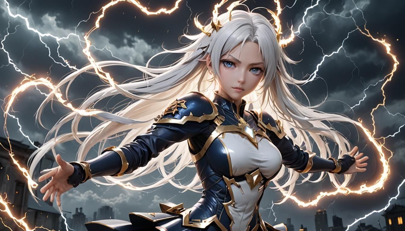 Anime Woman Battles Dragon with Lightning Sphere