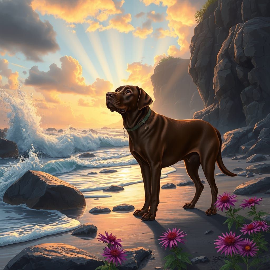 Labrador-Echinacea Hybrid on Fairytale Beach at Sunset