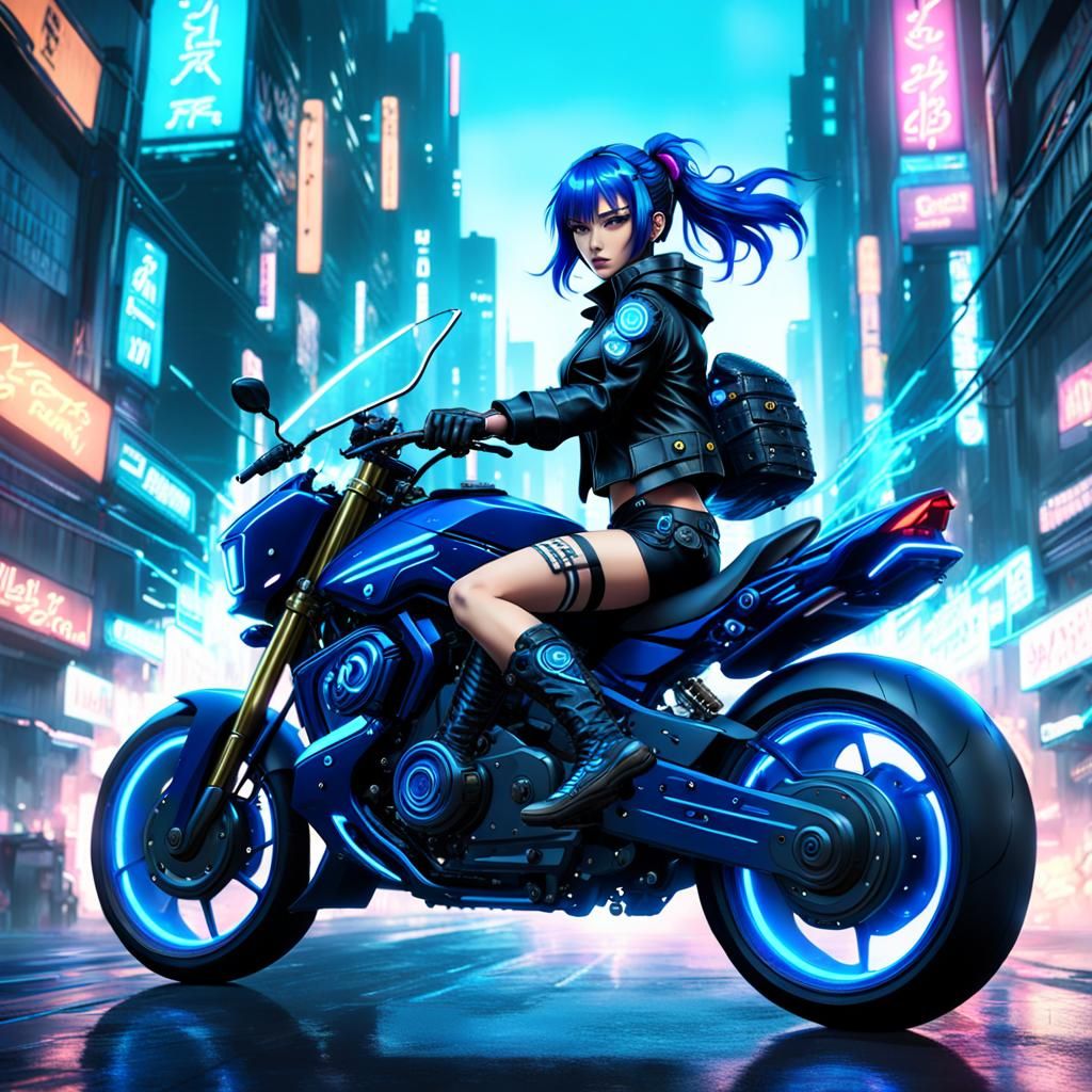 Cyberpunk Anime Girl on Motorcycle, Detailed Digital Art