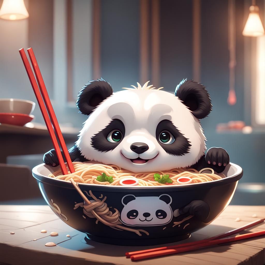 Kawaii Panda Enjoying Ramen: Detailed Digital Art