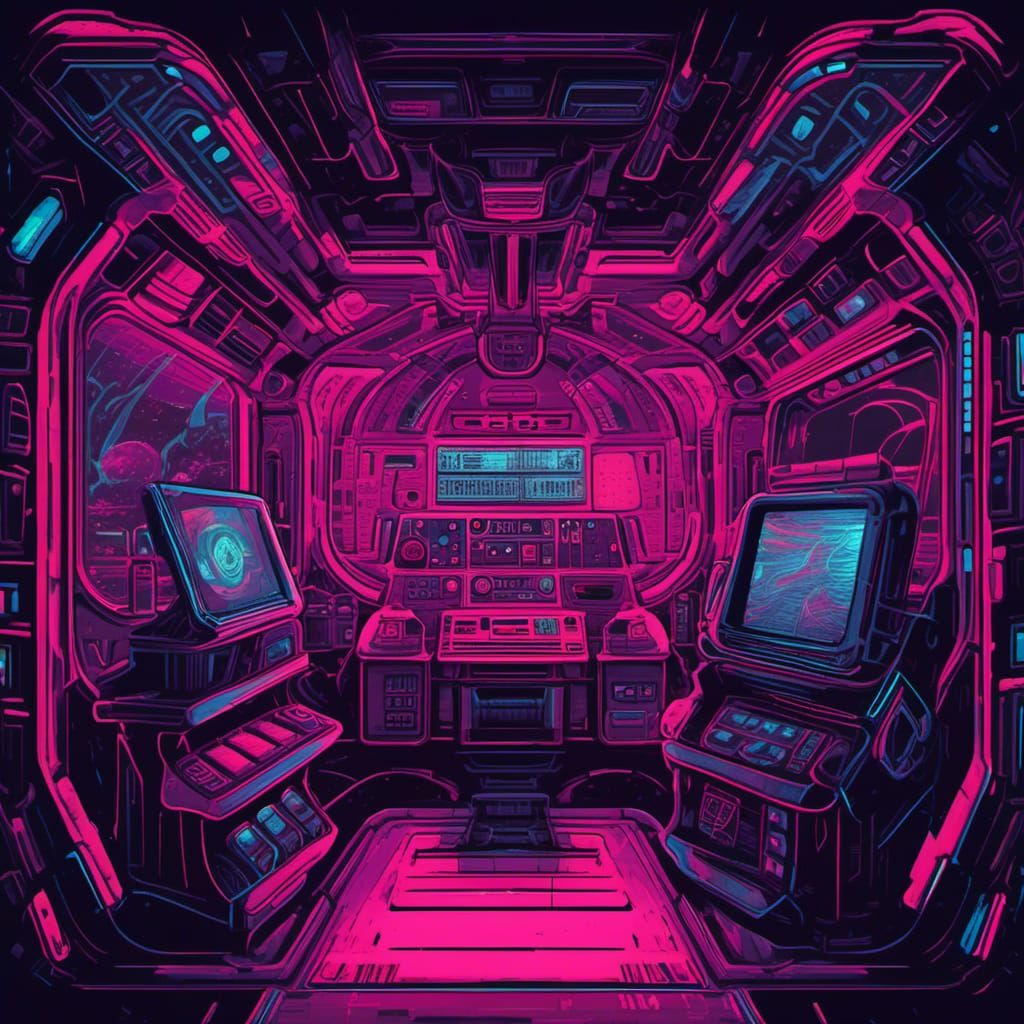 Giger-Inspired Spaceship Interior in Synthwave Neon Style