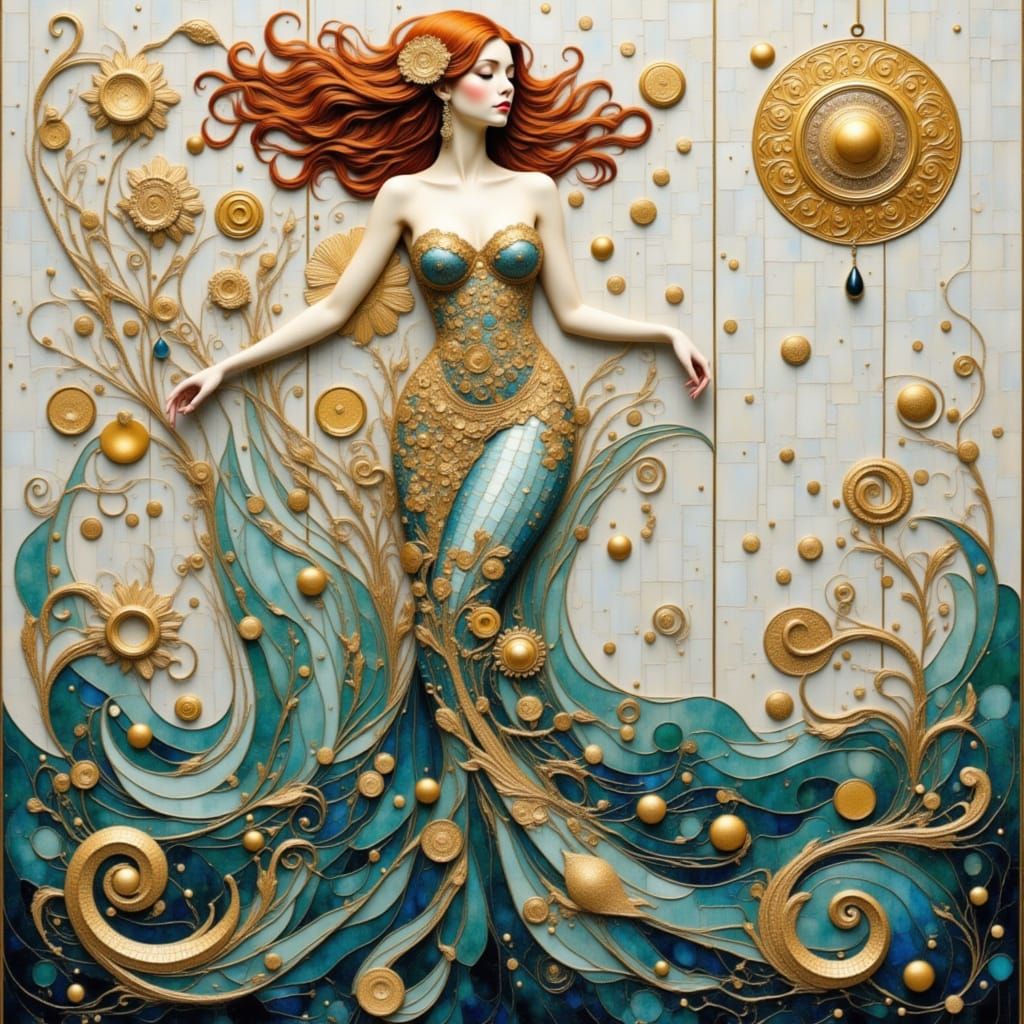 Water Nymph in Gustav Klimt Style on Ornamental Tiles