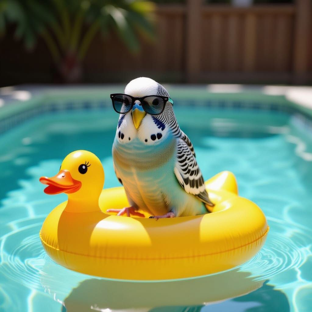 Budgerigar on Duck Float Wearing Sunglasses