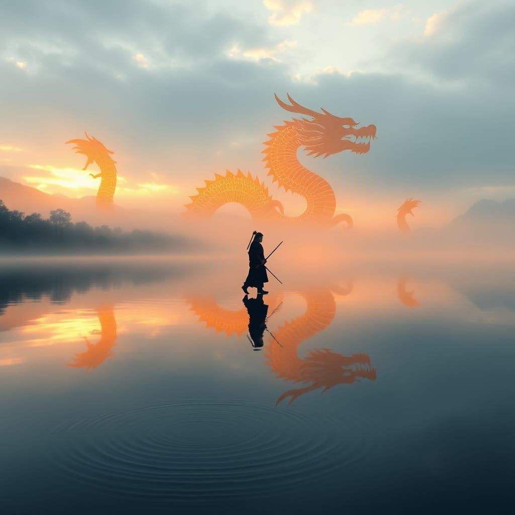 Samurai Reveals Golden Dragon in Serene Lake Reflection
