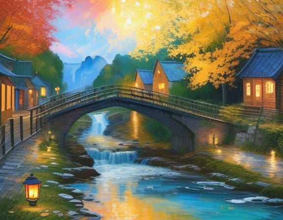 Majestic Waterfall Village With Glowing Lanterns - Impasto S...