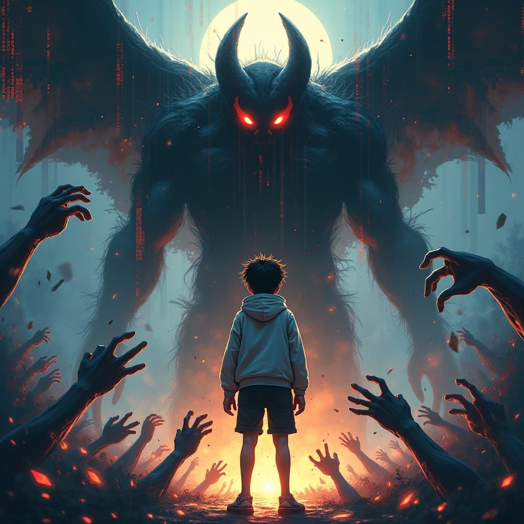 Cyberpunk Boy Defies Chaos with Unyielding Spirit