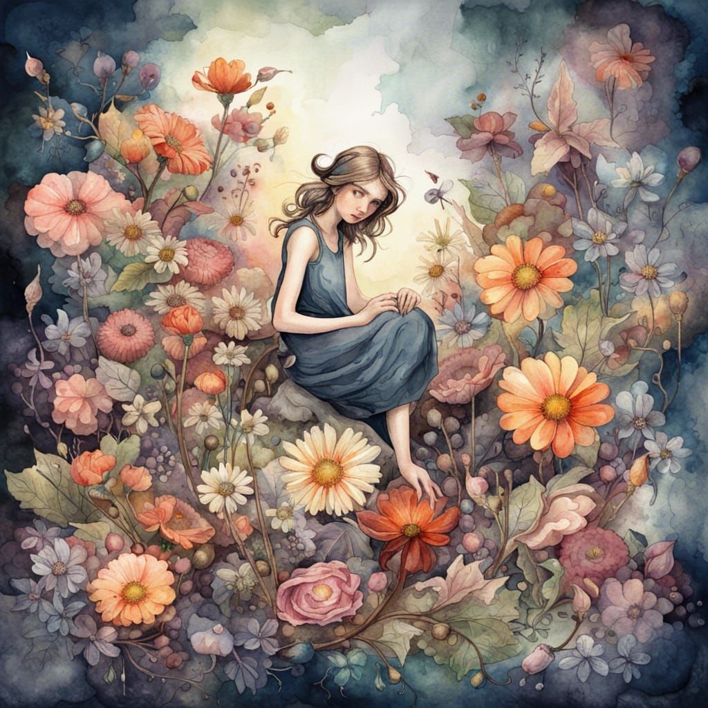 Flower Fairy in Watercolor Flat Painting Style