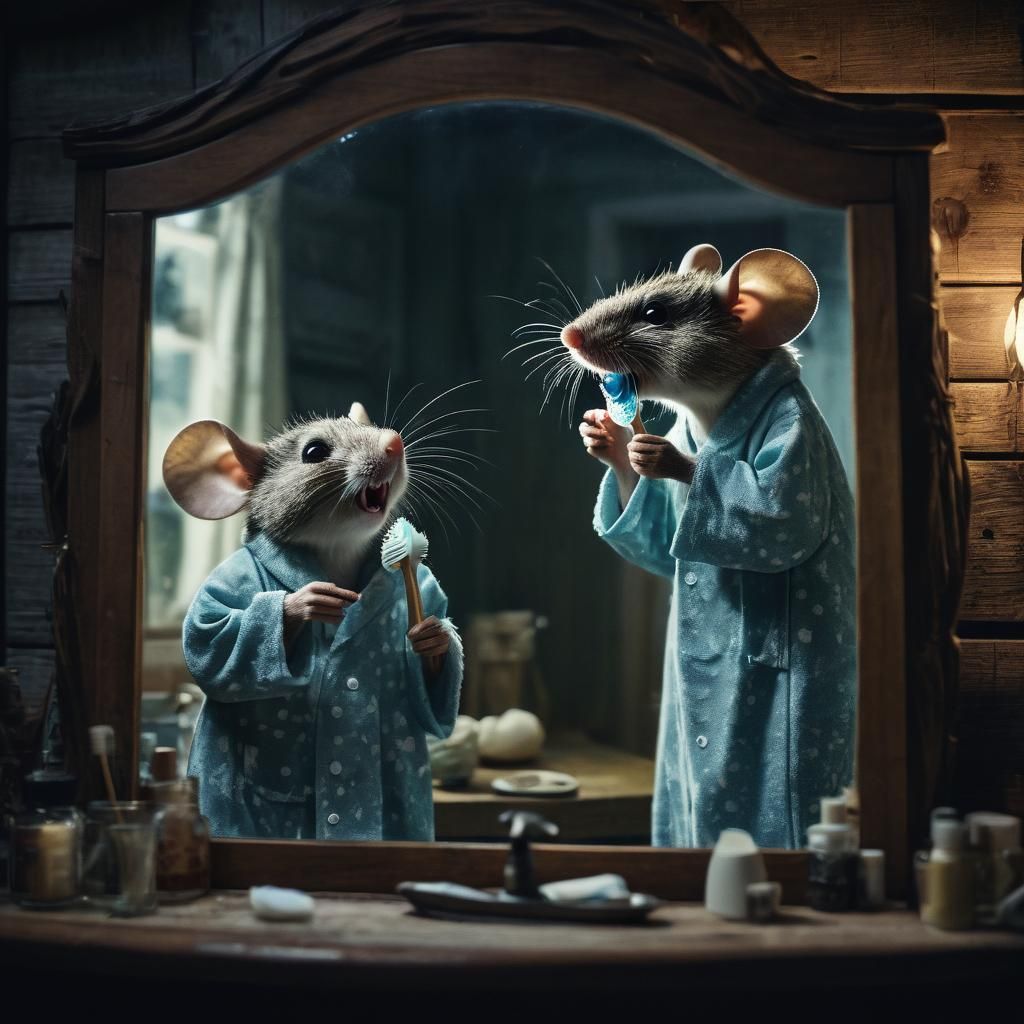 Cinematic Boy Mouse Brushing Teeth in Wooden House