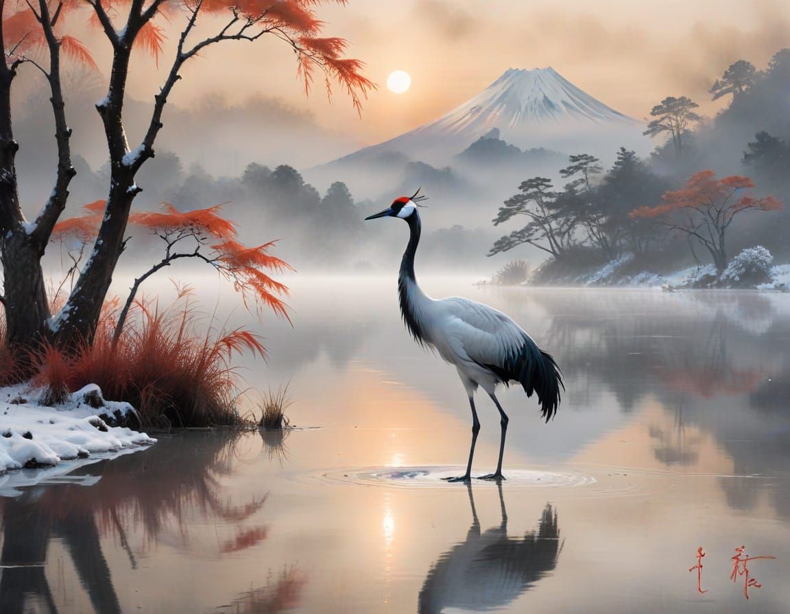 Red-Crowned Crane on Mist Lake, Sumi-e Ink Wash