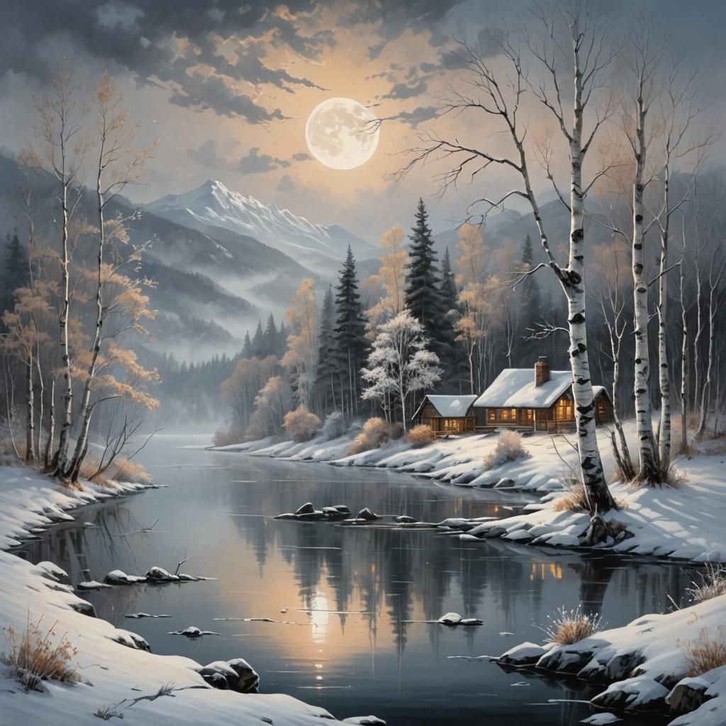 Winter Nightscape: Birch Forest and Misty Lake
