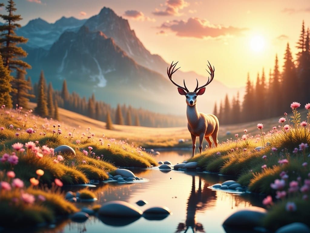 Whimsical Spring Deer in a Meandering Meadow