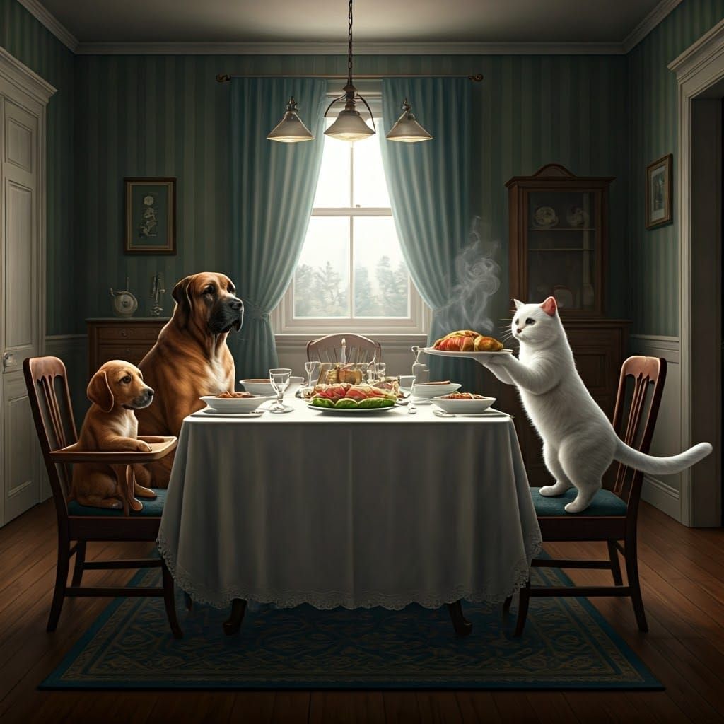 Dogs and Cats Share Dinner in 1950s Home