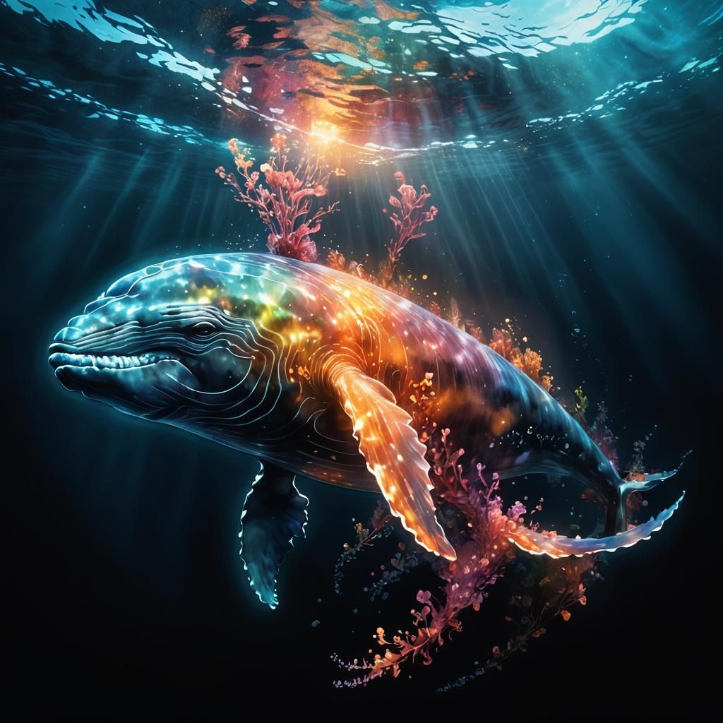 Glowing Transparent Whale in Bioluminescent Ocean