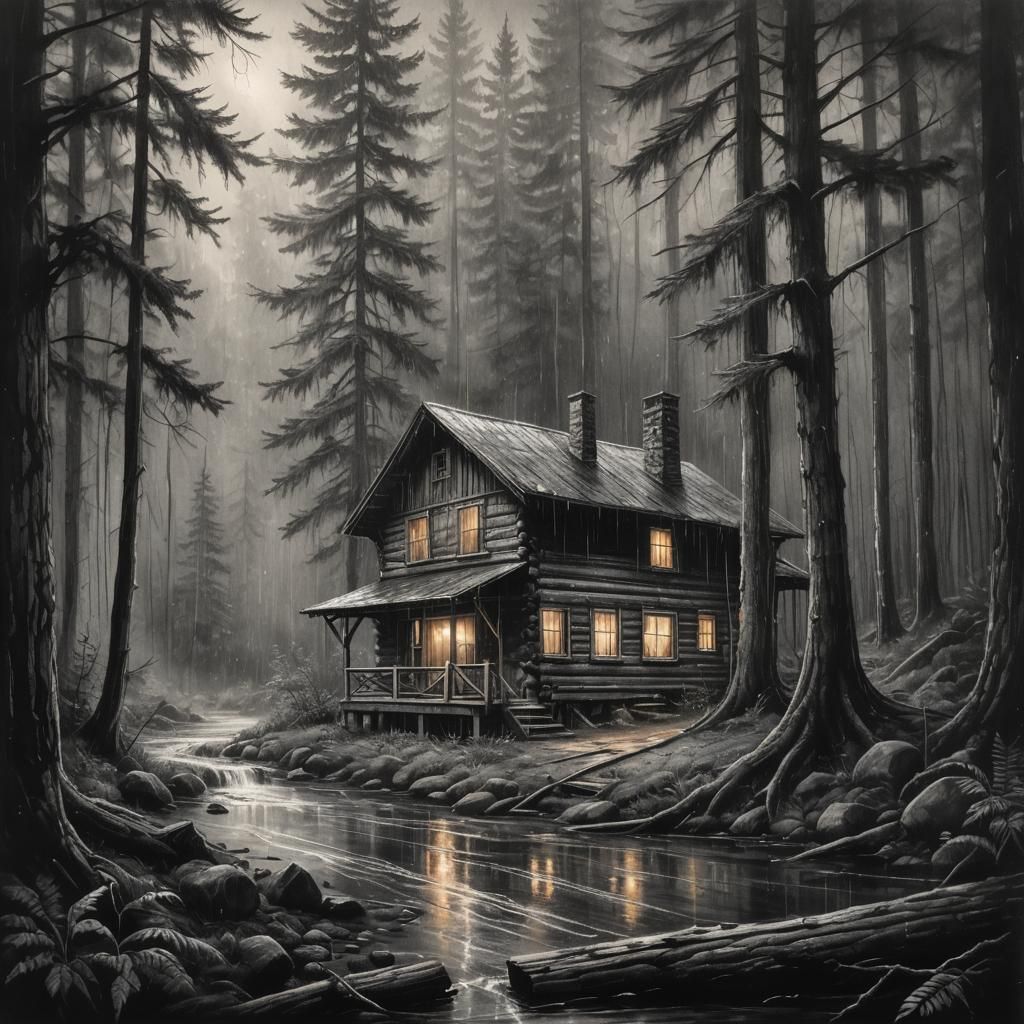 Cozy Cabin in Rainy Forest: Charcoal Drawing