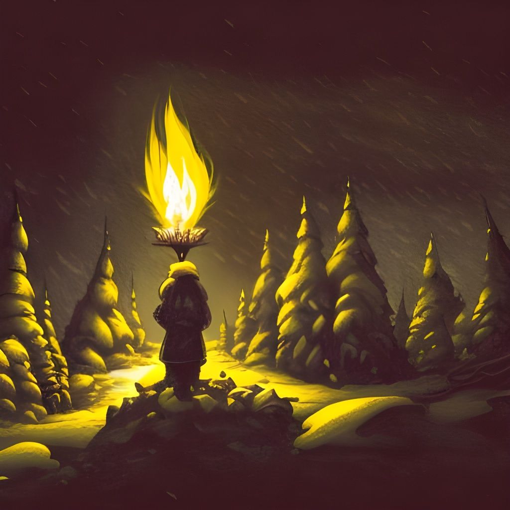 Explorers' Campfire in Snowstorm: Ink Art Style