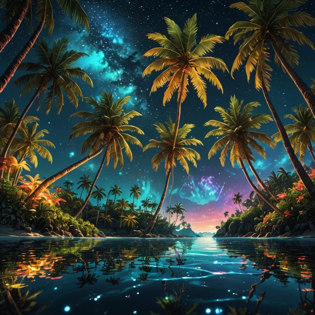 Tropical Paradise Reflection Under Starry Night Sky