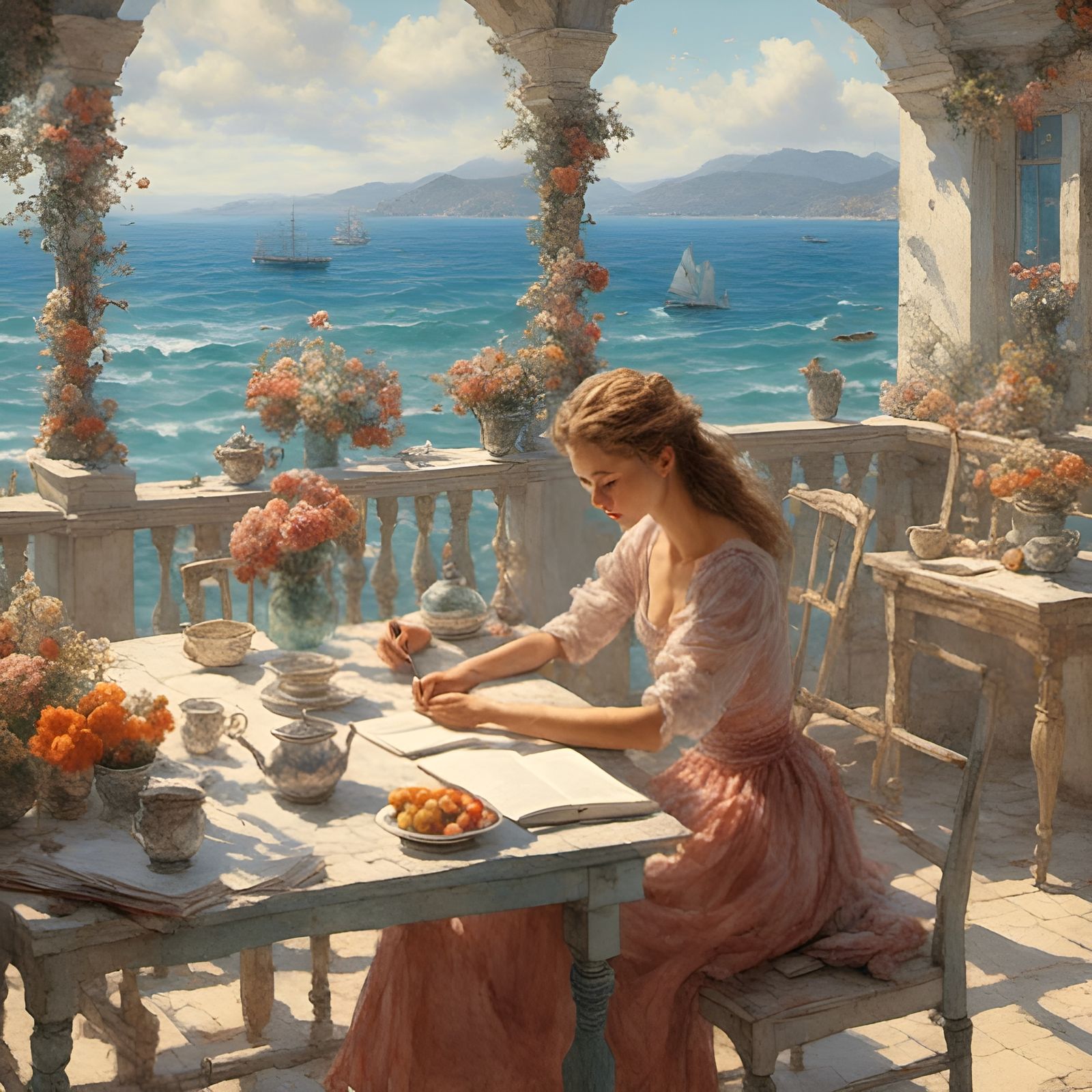 Studious Woman by the Ocean