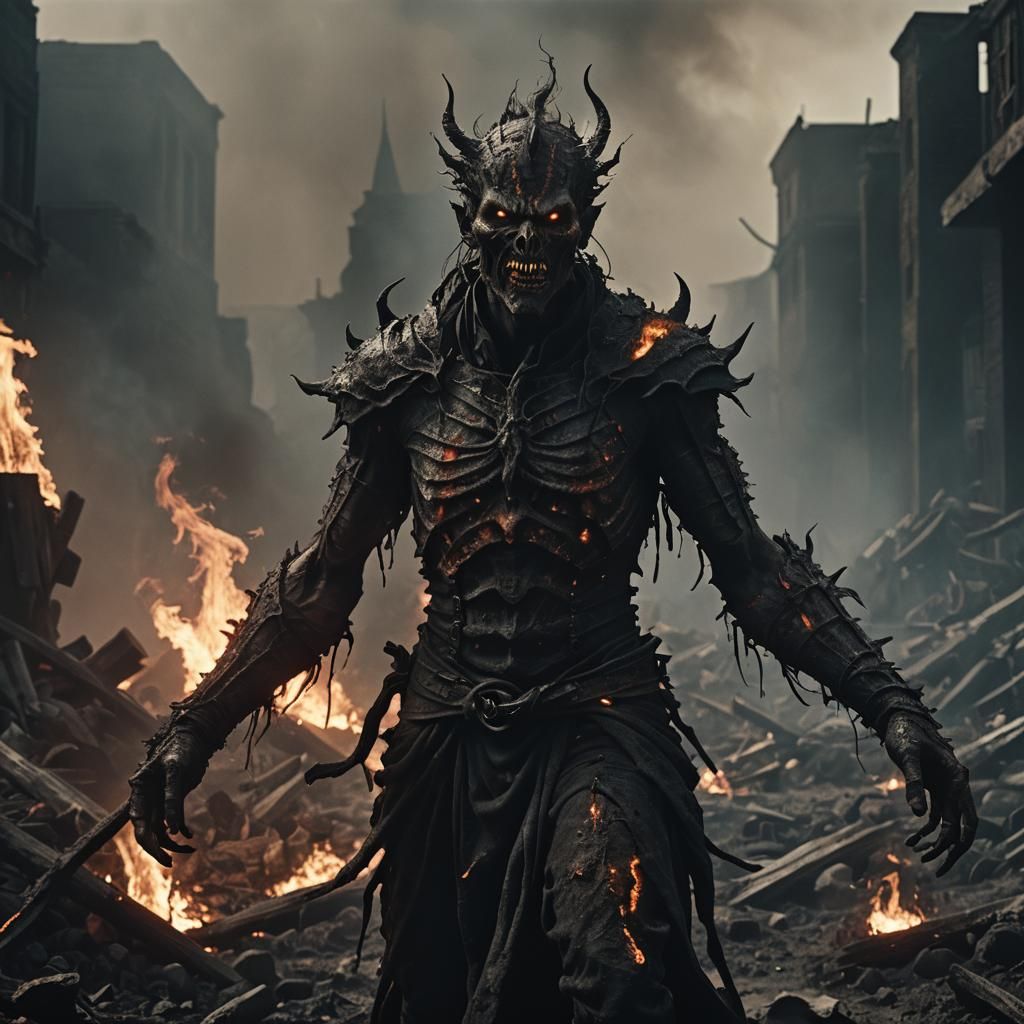 Dramatic Dark Fantasy Scene: Shaitan in a Wasteland