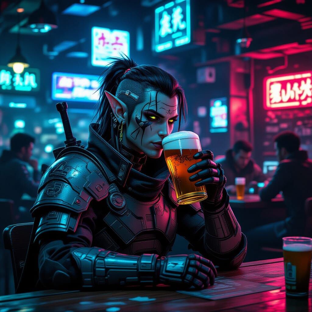 Cyberpunk Elf Enjoys Beer in Neon Dive Bar