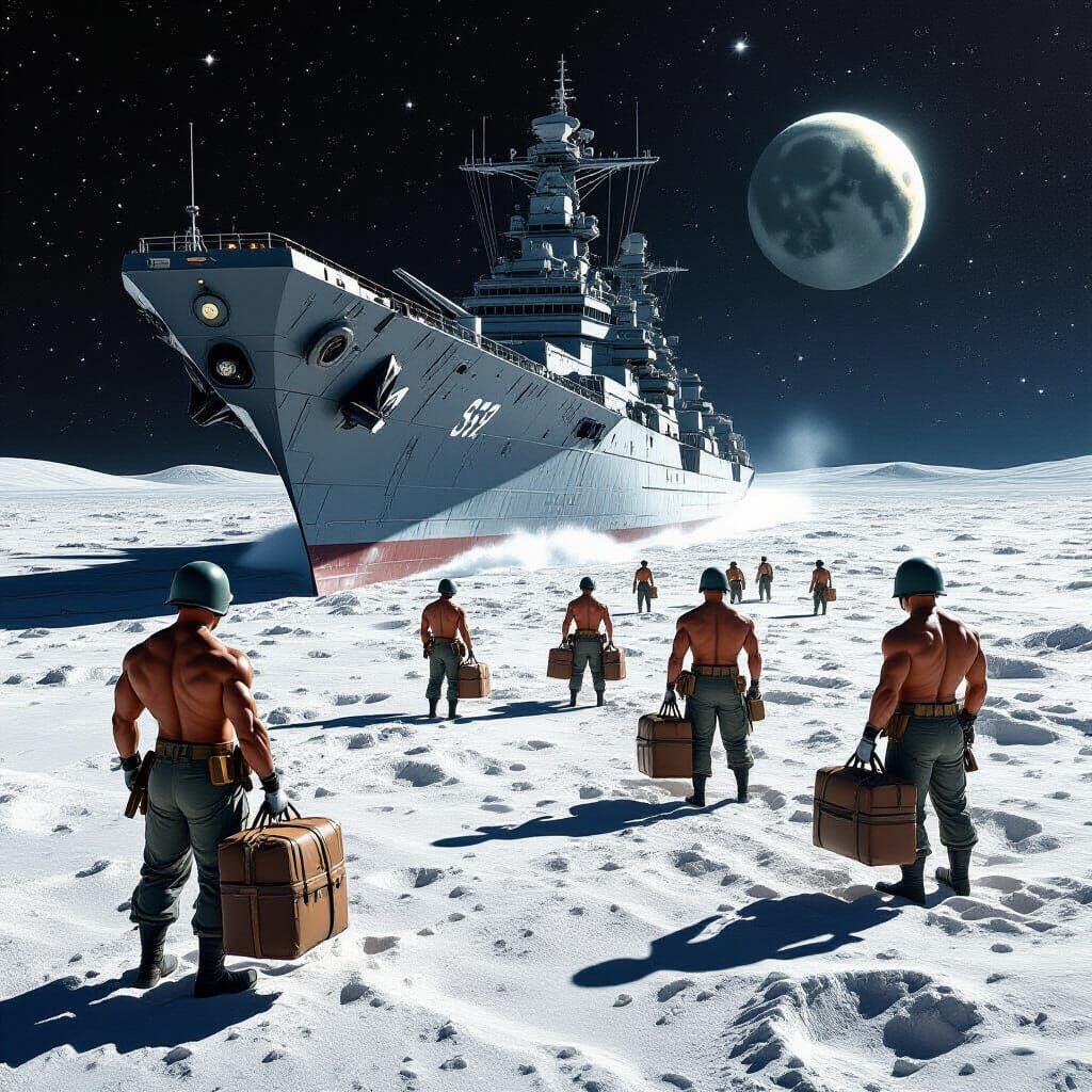 Battleship Yamato Sails Lunar Desert Under Cinematic Lightin...