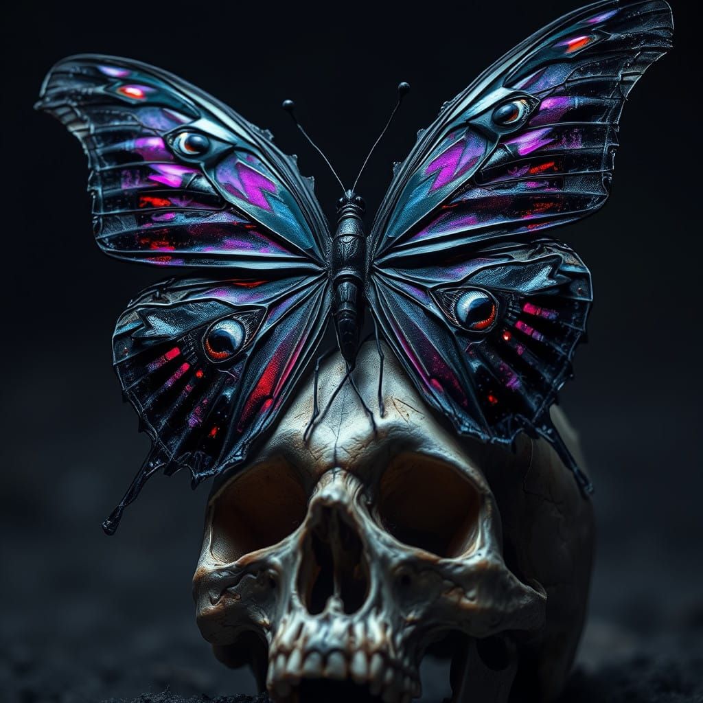 Dark, Iridescent Butterfly in a Haunting Dreamscape