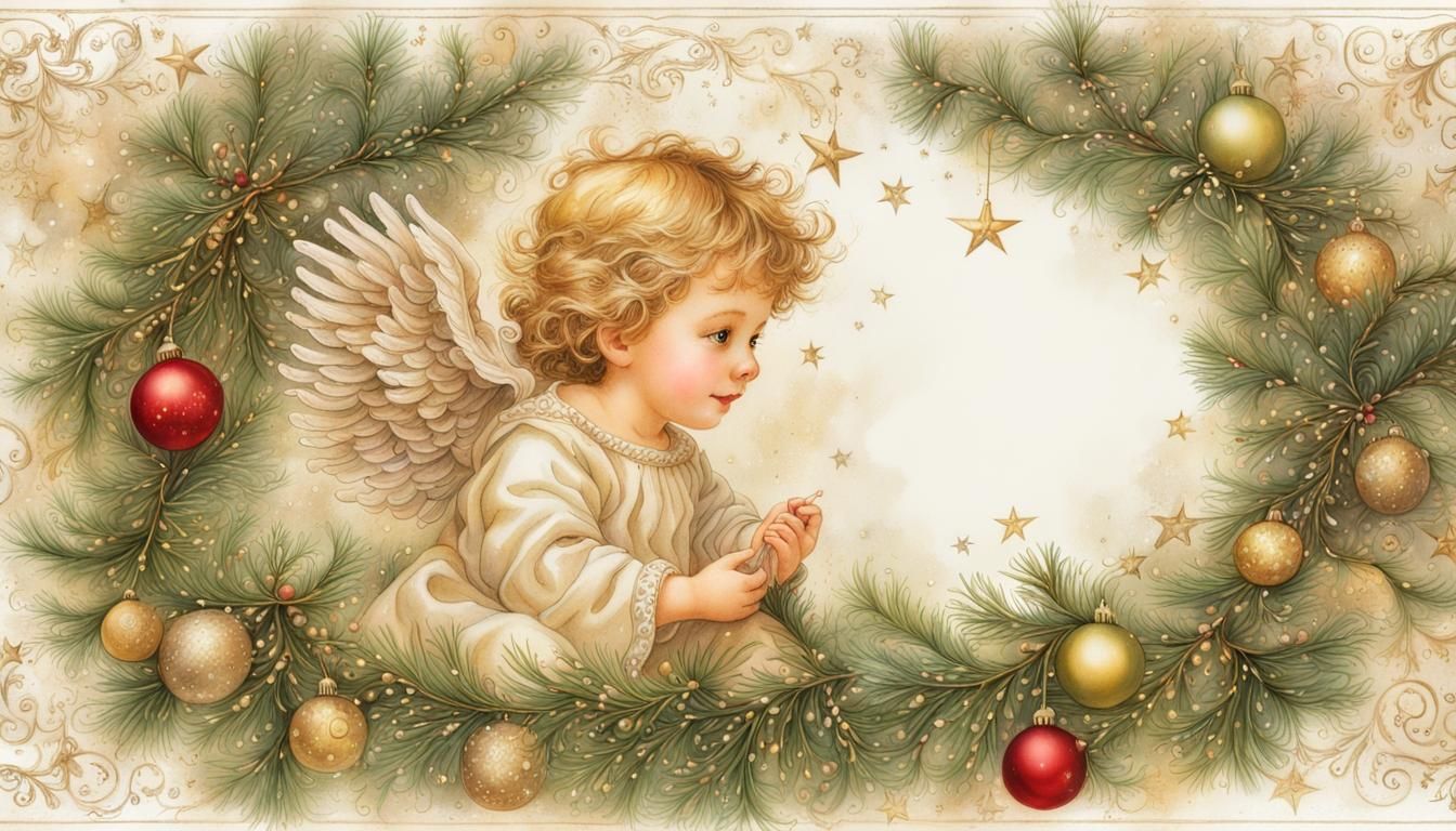 Golden Angel Christmas Border in Nostalgic Style