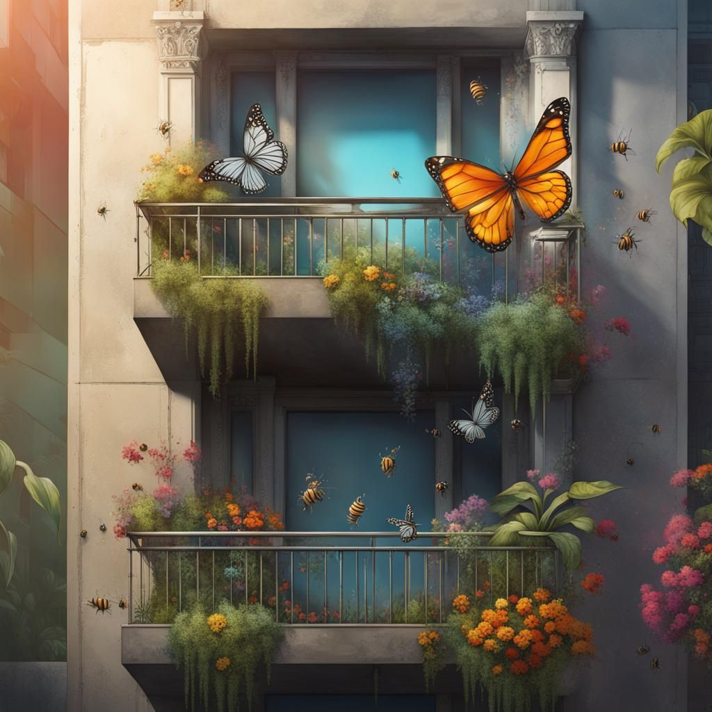 Hyperrealistic Balcony Garden with Butterflies and Bees