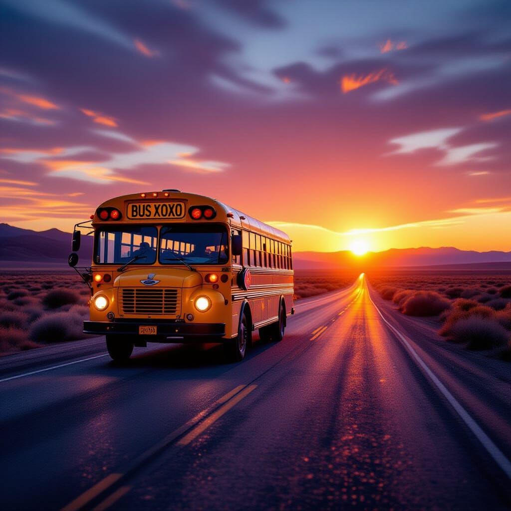 Vintage Yellow School Bus at Fiery Sunset
