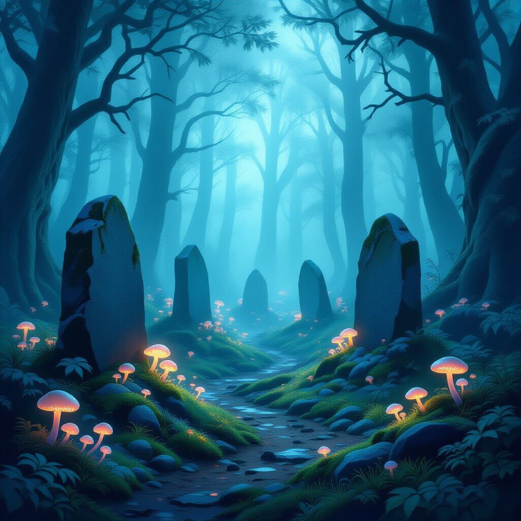 Enchanted Forest Clearing with Glowing Fog and Standing Ston...