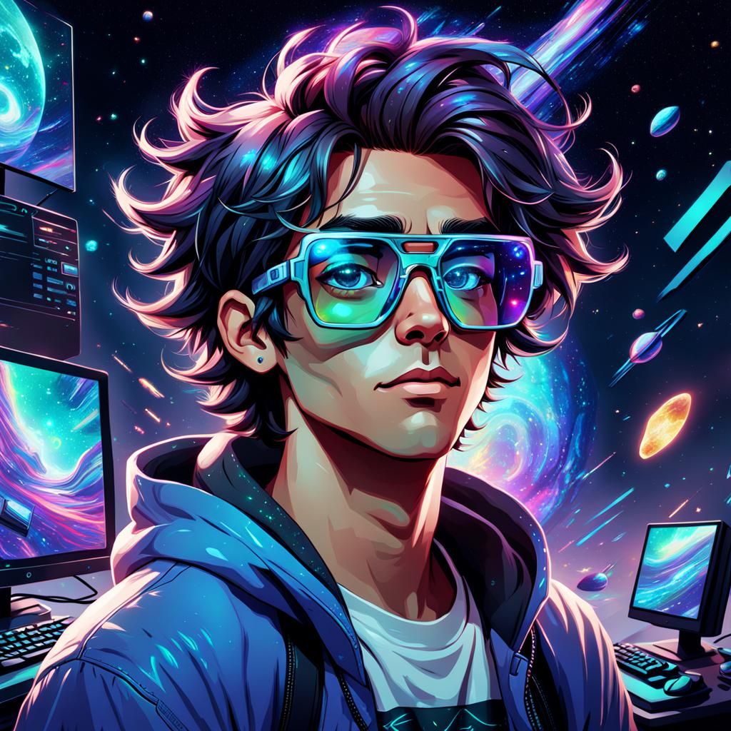 Gamer Boy in Oversized Glasses, Pablo Amaringo Style