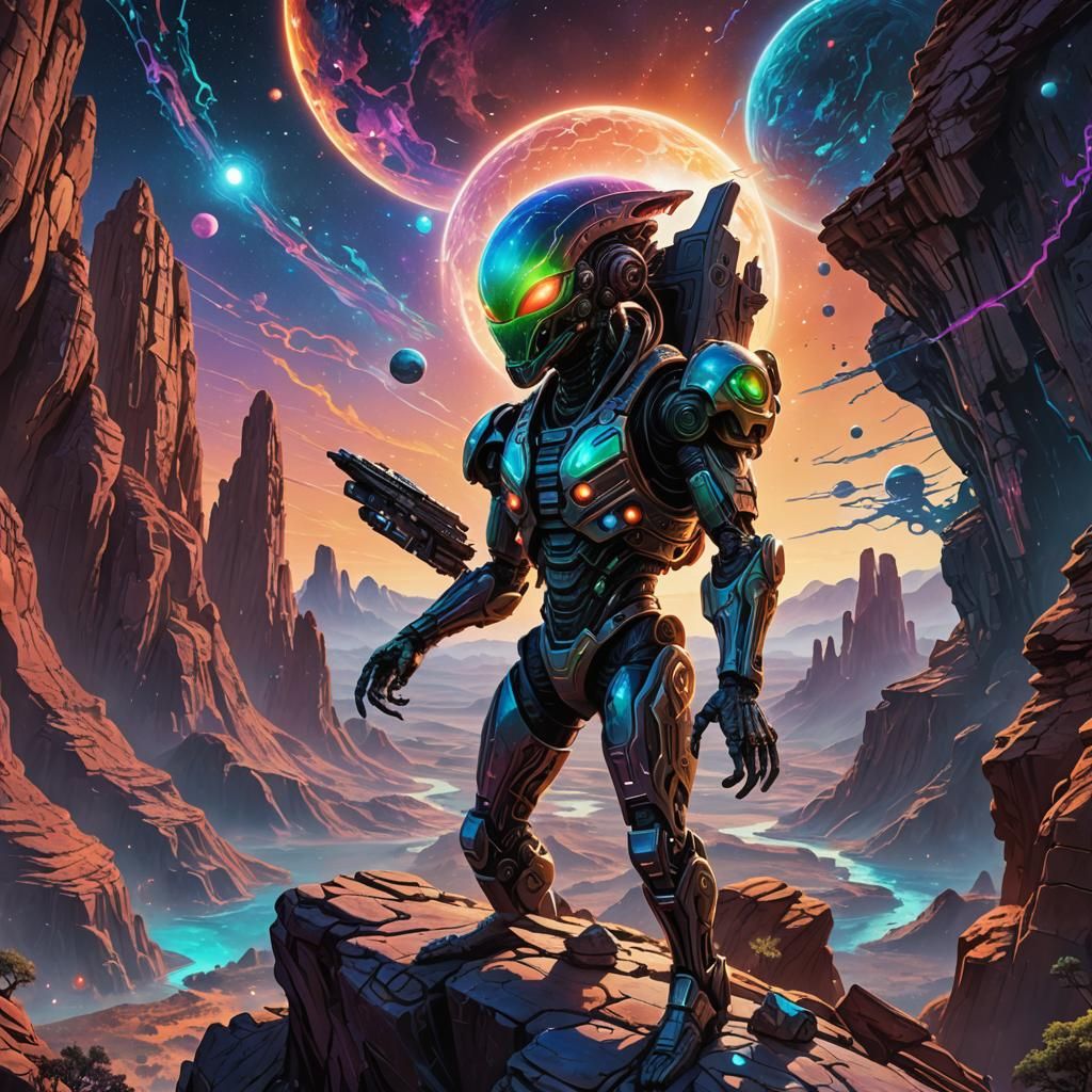 Alien AI Hacker on Remote Planet in Cosmic Art
