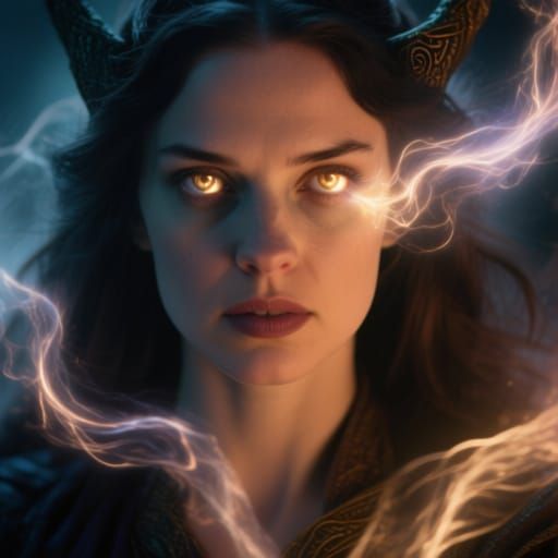 Mystical Female Wizard Close-Up with Glowing Eyes