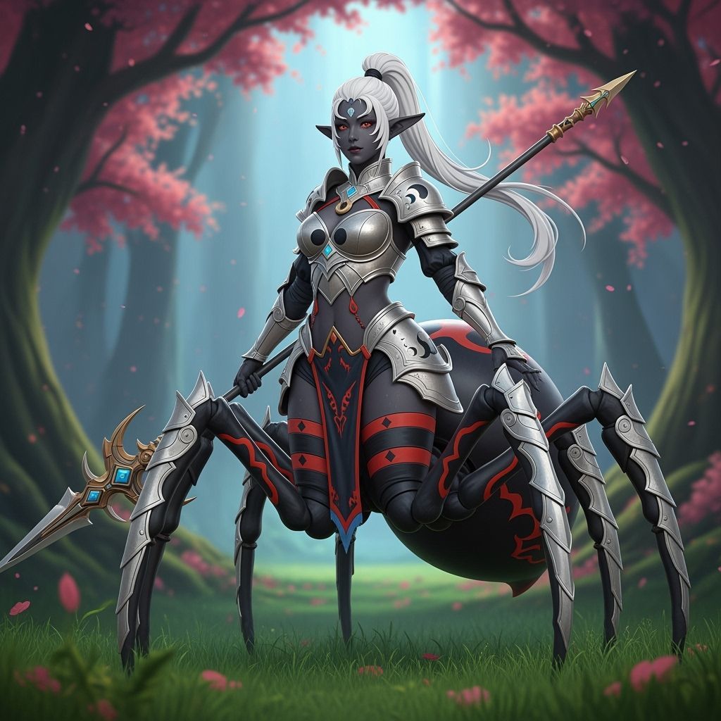 Elegant Drider Warrior in Mystical Forest, Anime Style