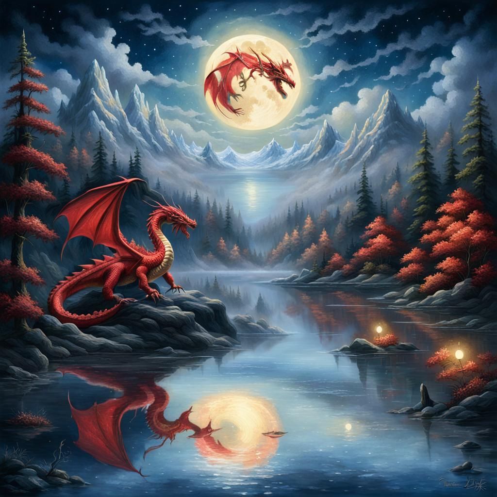 Red Dragon Under Starry Night Sky