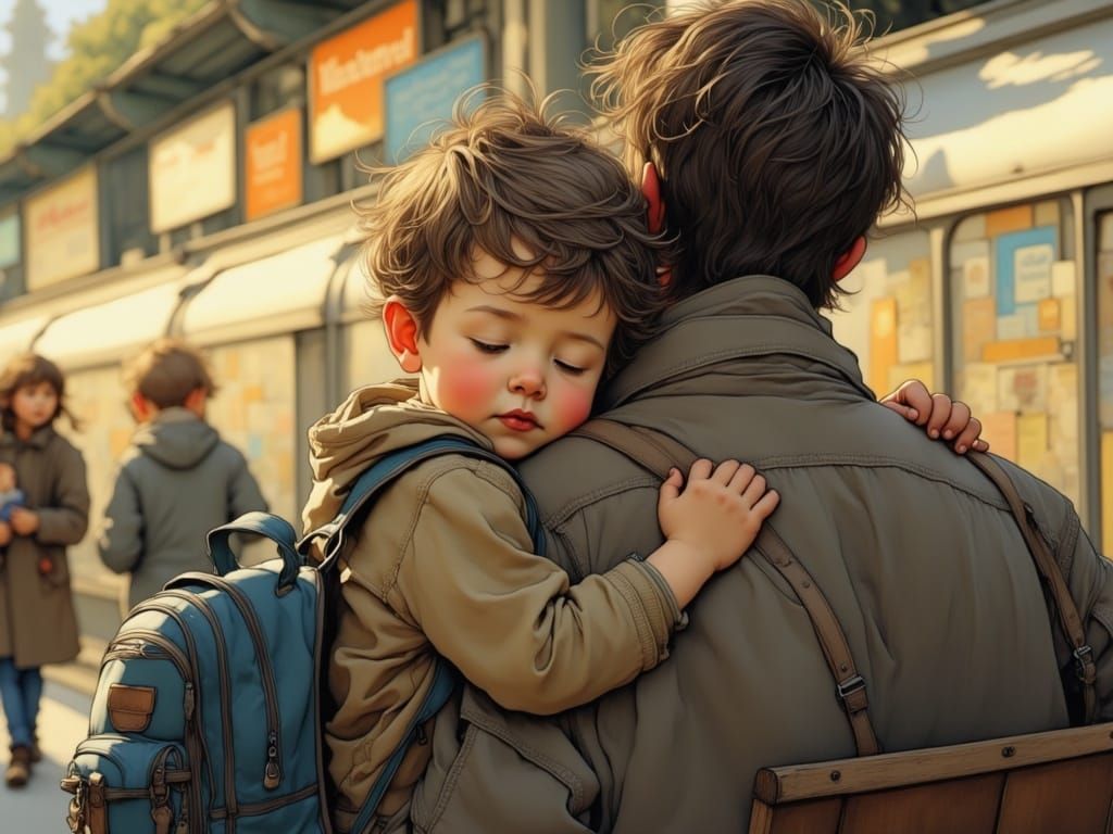 Father and Son Share a Soothing Moment at a Bustling Train S...